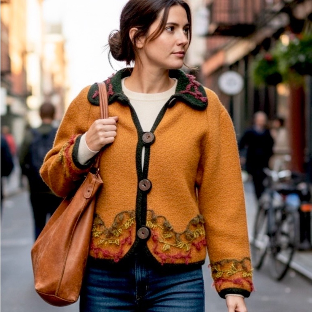 Vintage Norah Curtis Wool Sweater Womens Large Orange Cardigan Artsy Buttons